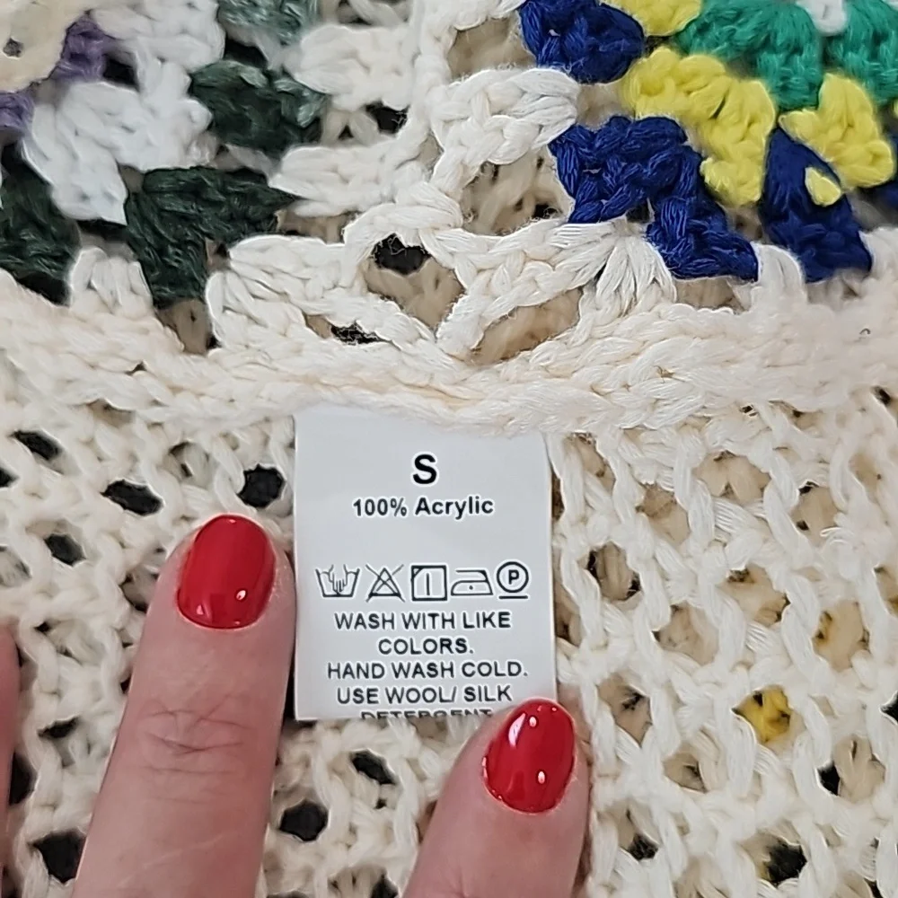 NWOT Boho crochet bell sleeve Granny squares open front sweater. Oversized S - Picture 10 of 10